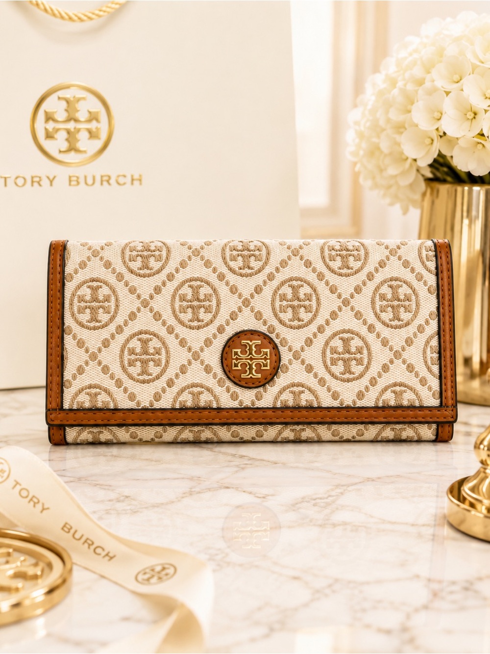 Tory Burch Beige and Tan Logo Continental Wallet
